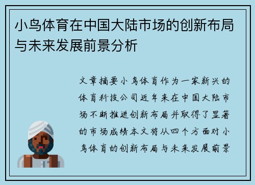 小鸟体育在中国大陆市场的创新布局与未来发展前景分析